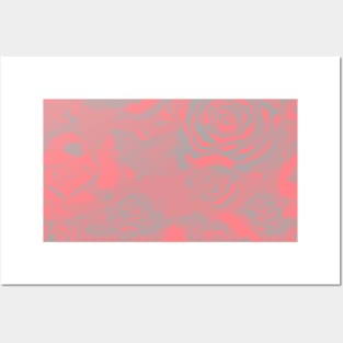 Coral pink and light grey abstract painted roses pattern Posters and Art